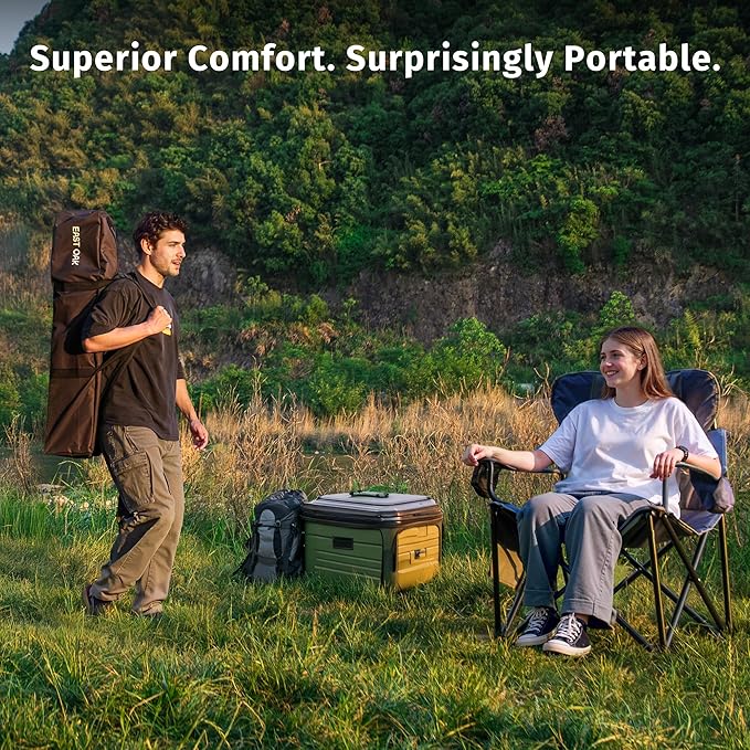 East Oak Oversized Camping Chair | Heavy Duty Camping Chairs | 500LBS Support, 600D Oxford, Cup Holder & Side Pocket | Ideal for Camping, Beach, Sports Events| Blue&Grey