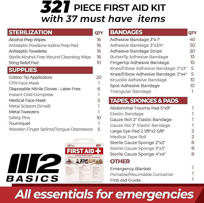 M2 BASICS Premium 321 Piece First Aid Kit, All Purpose Kit with Hard Case for Home, Car, Business, School, Office & Vehicle