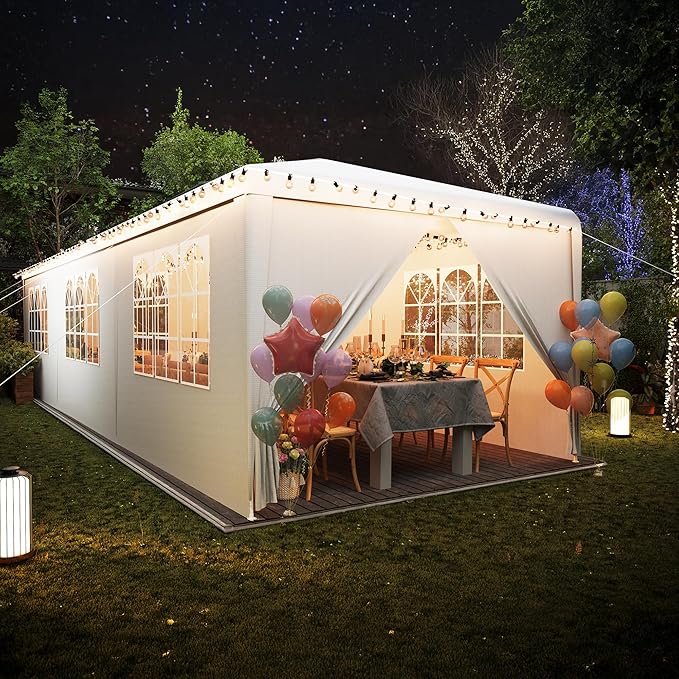 EROMMY 10x30FT Outdoor Party Tent, White Waterproof Event Canopy with 6 Removable Sidewalls & 2 Zipper Doors for Wedding, Birthday, BBQ, and Holiday Celebrations