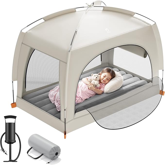 QPAU Inflatable Toddler Travel Bed with Tent – Lightweight Blow Up Kids Air Mattress with Hand Pump – Indoor & Outdoor Portable Sleeping Solution for Camping, Travel, Home, Grandma’s – Ages 3+