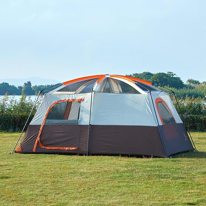 KTT Large Tent 6-8-10 Person,Family Cabin Tents,2 Rooms,2 Doors and 4 Windows with Mesh,Straight Wall,Waterproof,Double Layer,Big Tents for Outdoor,Picnic,Camping,Family Gathering