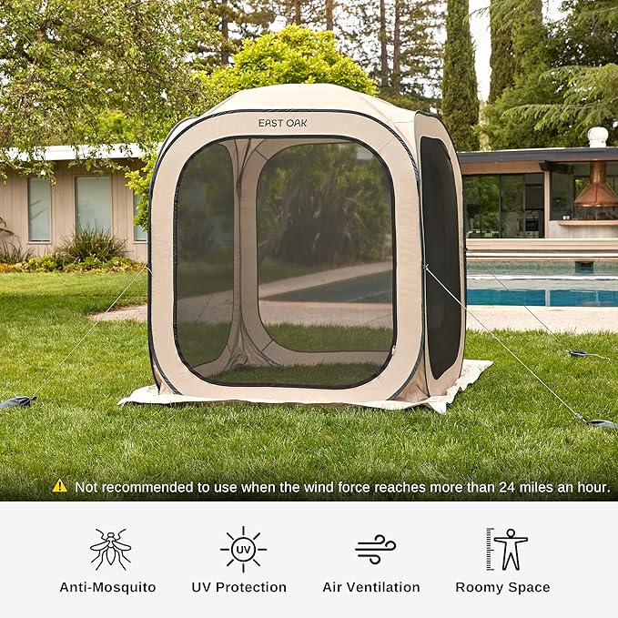 East Oak Screen House Tent Pop-Up, Portable Screen Room Canopy Instant Screen Tent 6 x 6 FT with Carry Bag for Patio, Backyard, Deck & Outdoor Activities, Beige