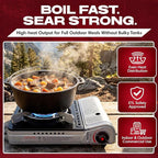 12,000 BTU Portable Butane Camping Stove with 4 x 8oz. Butane Fuel Canister Combo, Double Wind-Guard Portable Stove w/Carry Case for Road Trips, Camping, Tailgating & Emergencies by Chef Master 90235