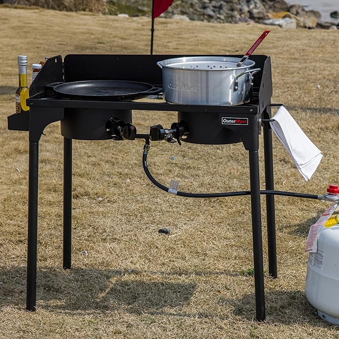 Propane Double Burner for Outdoor Cooking Two Camping Stove with Removable Windscreen and Detachable Legs Stand for Home Brewing, Camping, BBQ