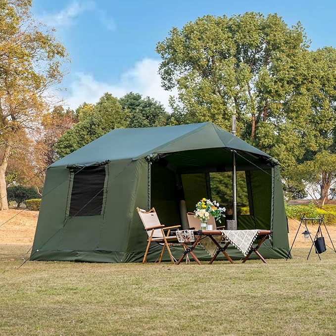Inflatable Camping Tent with Hand Pump Waterproof Outdoor Blow up Tent 2-8 Person Oxford 4 Season Glamping Air Tent Cabin House with Mesh Windows & Door