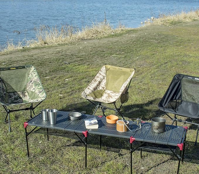 iClimb Extendable Folding Table Large Tabletop Area Ultralight Compact with Hollow Out Tabletop and Carry Bag for Camping Backpacking Beach Concert BBQ Party, Three Size (Black - L)