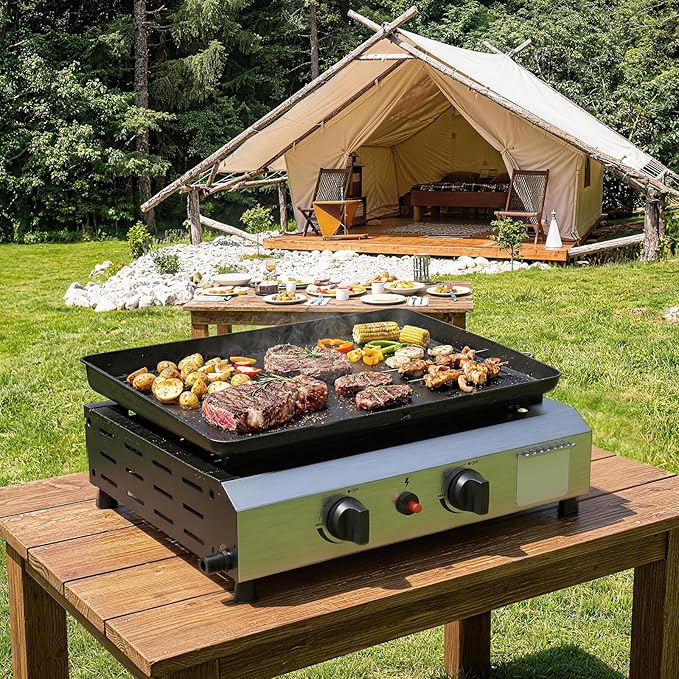 2 Burner BBQ Gas Griddle, 17.3 Inch Stainless Steel Portable Detachable Propane Griddle, 20,000 BTU Flat Top Barbecue Grill for Camping