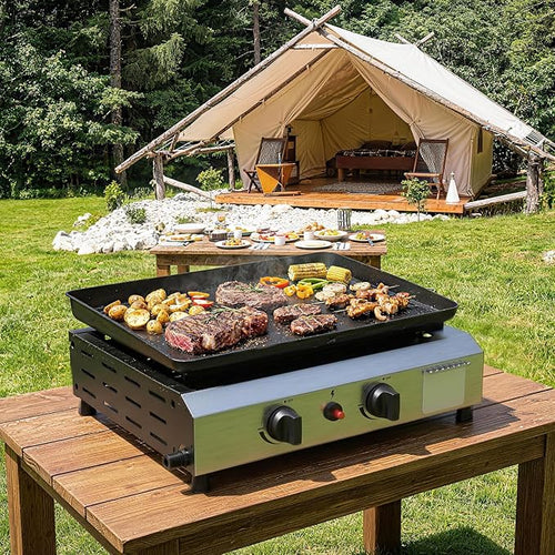 2 Burner BBQ Gas Griddle, 17.3 Inch Stainless Steel Portable Detachable Propane Griddle, 20,000 BTU Flat Top Barbecue Grill for Camping