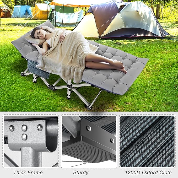 ABORON Folding Camping Cot W/Mat for Adults, Heavy Duty Outdoor Bed with Carry Bag,1200 D Layer Oxford Travel Camp Cots