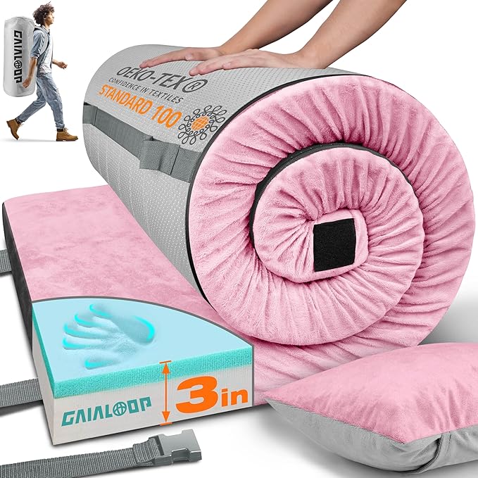 3 Inch Memory Foam Camping Mattress, Dual Layer Thick Sleeping Camp Pad for Car Tent Cot, Roll-Up Portable Glamping Floor Bed for Guests Sleepover
