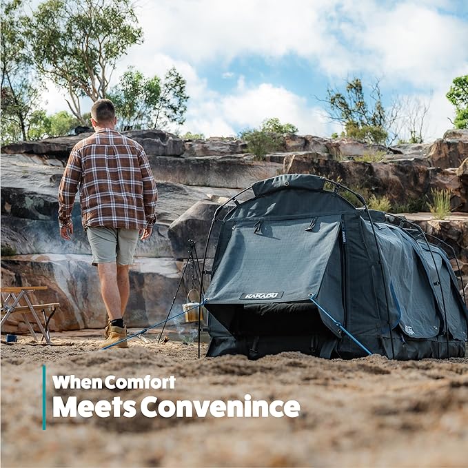 Kakadu Canvas Swag Tent, 1 Person, Australian Polycotton Camping Ground Tent, All Seasons, Waterproof, with 2.75” Foam Mattress, LED Lighting, Carry Bag