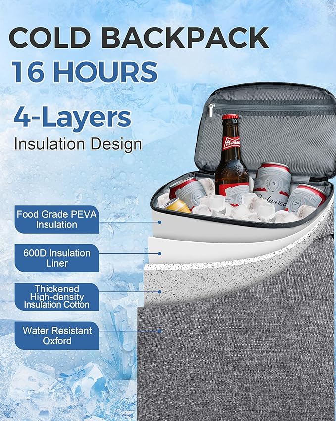 BAGLHER Lightweight Insulated Cooler Backpack - 30 Cans, Leak-Proof for Lunch, Picnic, Hiking, Camping Trips