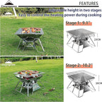 CAMPINGMOON Portable Campfire BBQ Grill 14 Inch Stainless Steel Folding Fire Pit Wood Burning Adjustable Height Outdoor Cooking RV Camping Carry Bag MT-2