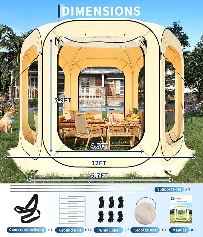 12X12 Ft Pop Up Sports Tent, Instant Shelter, Rainproof Camping Sun Shelter Coldproof & Windproof, Outdoor All Weather Pop Up Tent for Patio, Backyard, Deck, Sports Events