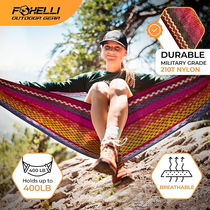 Foxelli Camping Hammock – Ultralight Hammock for Backpacking, Hiking, Festivals, Travel - Easy Setup with Tree-Friendly Ropes & Steel Carabiners, Heavy Duty Parachute Nylon