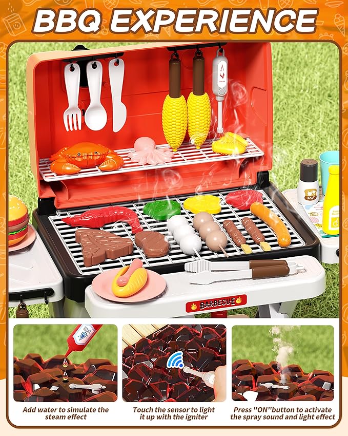 Kids BBQ Grill Playset 60Pcs with Real Steam, Sound & Light - Interactive Pretend Play Kitchen Cooking Toy for Boys Girls Ages 4-8 - Indoor Outdoor Backyard Barbecue Camping Set Birthday Gifts