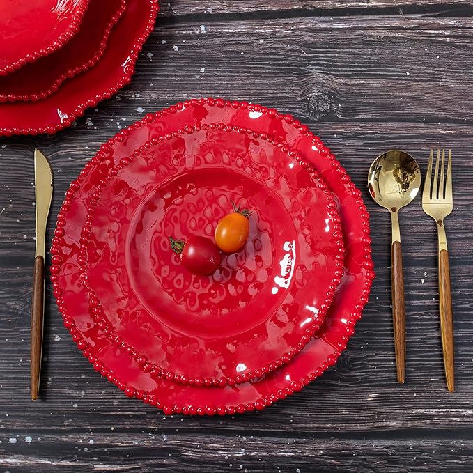 12 pcs Christmas Holiday Melamine Dinnerware Set, Ruffled Rim With Beaded Plates and Bowls Set of 4, Lightweight yet Durable Dishes tableware Set, Ideal for parties, camping, and RV trips