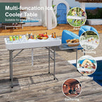 Ice Cooler Table with Foldable Extension Stand, 4 Foot Outdoor Ice Table with Matching Skirt & Drain Hose, Folding Cooler Tables with Metal Shelf for Party, BBQ, Camping Picnic, White