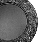 CNCEST 100 PCS Antique Charger Plates Bulk 13'' Plastic Embossed Dinner Plate Chargers Round Floral Plates for Wedding Decorative Chargers for Table Dinner Kitchen Party Decoration (Black)