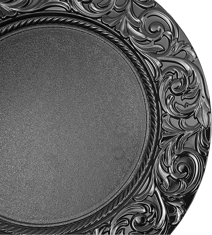 CNCEST 100 PCS Antique Charger Plates Bulk 13'' Plastic Embossed Dinner Plate Chargers Round Floral Plates for Wedding Decorative Chargers for Table Dinner Kitchen Party Decoration (Black)