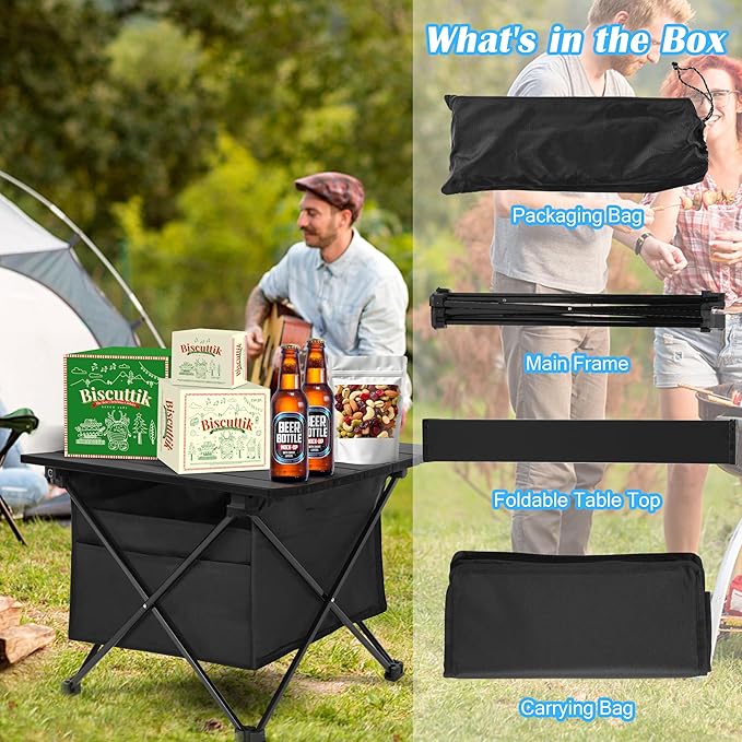 Portable Folding Aluminum Alloy Camping Table with High-Capacity Storage and Carry Bag, Small Size, for Camping, Traveling, Hiking, Fishing, Beach, BBQ,Black