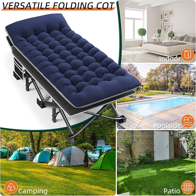 Portable Camping Cot, 32" Extra Wide Camping Cots for Adults with Thick Mattress, Heavy Duty Sleeping Cot Holds Up to 600LBS, Cots for Sleeping, Rv, Beach, Patio, Office Naps 2Pcs (Blue)