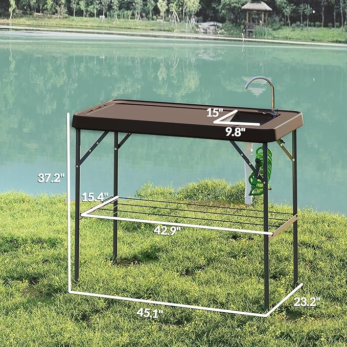 Outsunny Folding Fish Cleaning Table, Portable Camping Sink Station with Faucet, Drainage Hose, Sprayer, Grid Rack and Knife Groove, Outdoor Fillet Table for Picnic Beach Patio, Tan