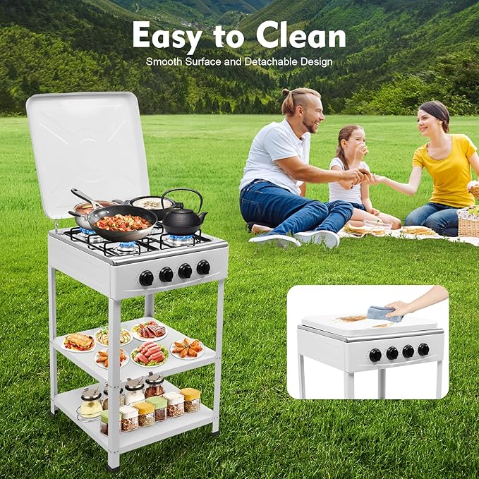 4 Burner Gas Stove, 300000BTU Portable LNG Camping Grill Stove Stainless Steel Manual Ignition Camping Stove w/Support Leg Stand & Wind Blocking Cover Adapter for Outdoor Camping Picnic RV Cooking