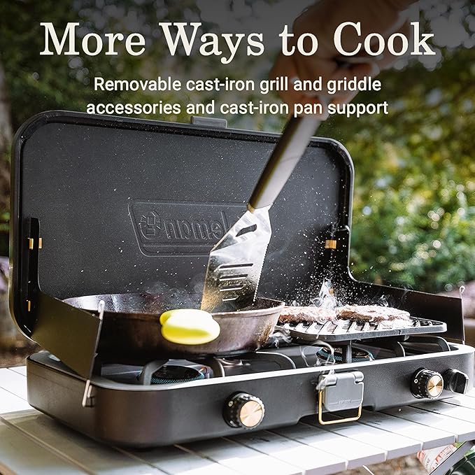 Coleman 1900 Collection 3-in-1 Propane Camping Stove, Cast Iron Grill & Griddle Accessories Included, 24,000 BTUs Across 2 Adjustable Burners with Wind Guards & Matchless Lighting