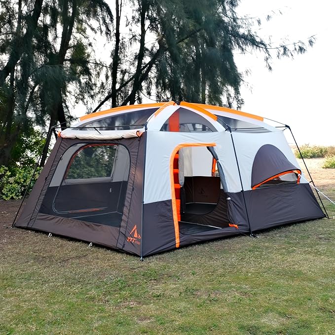 KTT Extra Large Tent 10-12-14 Person(A),Family Cabin Tents,2 Rooms,3 Doors and 3 Windows with Mesh,Straight Wall,Waterproof,Double Layer,Big Tent for Outdoor,Picnic,Camping,Family Gathering