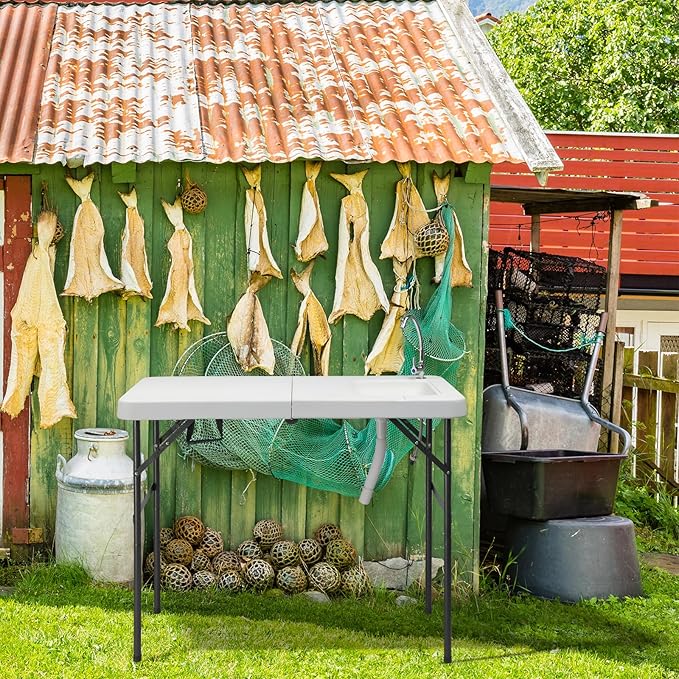 VINGLI Fold in Half Folding Fish Cleaning Table with Sink, Bi-Folding Outdoor Portable Camping Game Sink Table,Fish Fillet Cutting Table with Drainage Hose for Patio Backyard BBQ