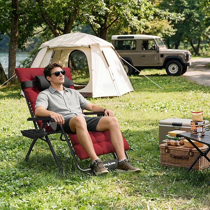 Amopatio Oversized Padded Zero Gravity Chair, XL 29In Reclining Camping Lounge Chair w/Removable Cushion&Headrest, Upgraded Lock and Footrest, Folding Patio Recliner for Indoor Outdoor, Red