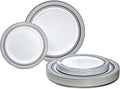 OCCASIONS 50 Piece Disposable Plastic Plates Set for 25 Guests – Heavy Duty 10.5" Dinner & 7.5" Dessert Plates, Elegant Party Plates for Weddings, Fancy Events, BPA-Free – Louvre in White w/Blue