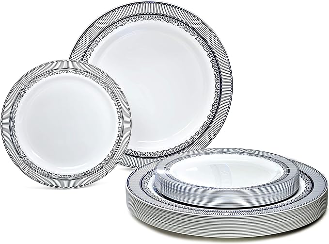 OCCASIONS 50 Piece Disposable Plastic Plates Set for 25 Guests – Heavy Duty 10.5" Dinner & 7.5" Dessert Plates, Elegant Party Plates for Weddings, Fancy Events, BPA-Free – Louvre in White w/Blue
