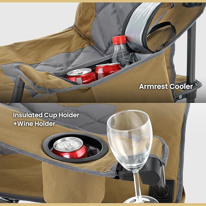 ARROWHEAD OUTDOOR Portable Deluxe Folding Camp Quad Chair w/Headrest, Glass & Cup Holders, Armest 6-can Cooler, Heavy Duty Carry Bag, 550 lbs Weight Capacity