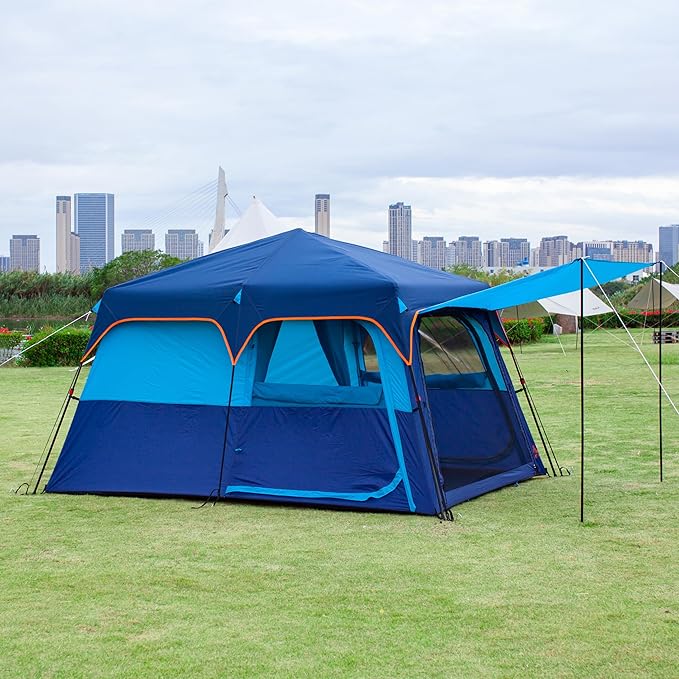 KTT Extra Large Tent 10-12-14 Person(B),Family Cabin Tents,2 Rooms,3 Doors and 3 Windows with Mesh,Straight Wall,Waterproof,Double Layer,Big Tent for Outdoor,Picnic,Camping,Family Gathering
