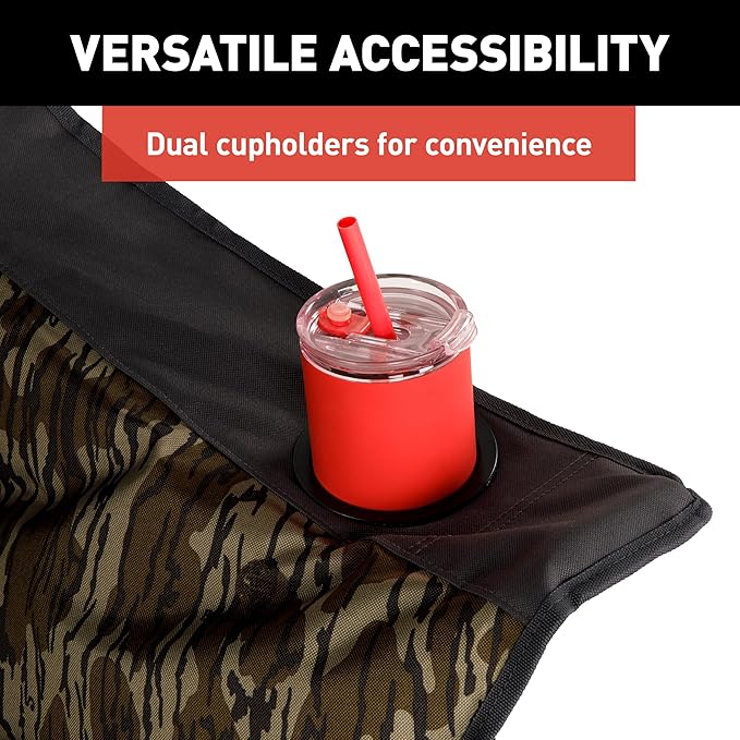 Lippert Mossy Oak Original Bottomland Camo Big Bear Padded Camping Chair with 400-lb. Weight Capacity, Durable Mesh Fabrics, Dual Cupholders, Wine Glass Holder, Carrying Bag - 2023053730