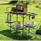 ARROWHEAD OUTDOOR 54" Wide Quick Folding Kitchen Station with Add-on Windscreen, 4 Side Tables, Aluminum Tabletop, Tool-Hanging Cord, 154 LBS Max Weight Load, for Patio BBQ and Camping