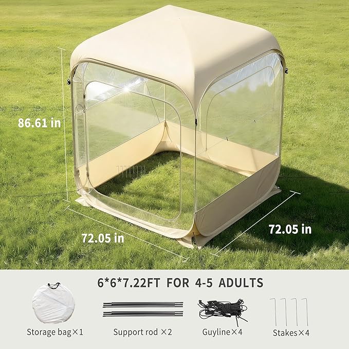 Instant Pop-Up Bubble Tent, 6x6ft Transparent Outdoor Shelter with top Cove, 360° View, All-Weather & Windproof for Camping, Beach, Backyard, Events (4-6 Person,Beige)