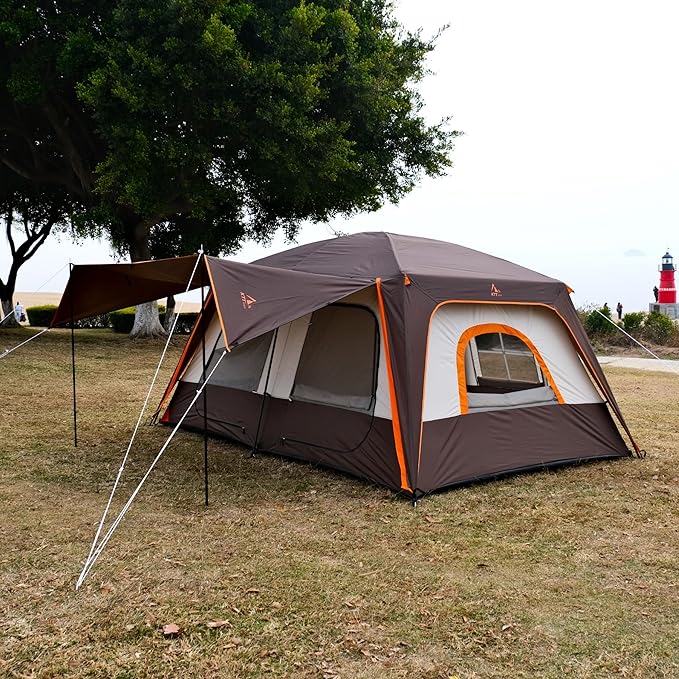 KTT Large Tent 8-10-12 Person,Family Cabin Tents,2 Rooms,2 Doors and 4 Windows with Mesh,Straight Wall,Waterproof,Double Layer,Big Tents for Outdoor,Picnic,Camping,Family Gathering
