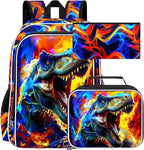 17" Dinosaur Backpack for Boy, 3Pcs Fire Bookbag for Elementary Preschool Kindergarten, Kids School Backpacks with Lunch Box (Red)