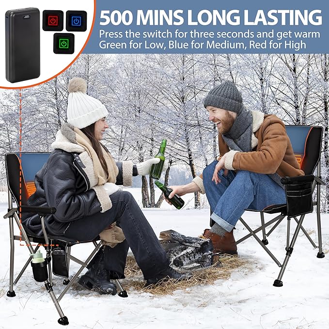 Heated Camping Chair with 20,000 mAh Battery, Loog-Lasting for 500 Mins, Fully Padded Heated Camp Chairs, Heavy Duty Folding Chairs Supports 500 lbs for Winter Camping, Picnics, Tailgating, RV Travel