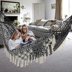 2 Person Hammock with Pillow,Indoor Hammocks with Portable Carry Bag Deluxe Macrame Fringe,Curved Spreader Bar,Side Pocket,Polycotton Fabric,Up to 450Lbs for Patio,Porch,Backyard,Beach,Outdoor