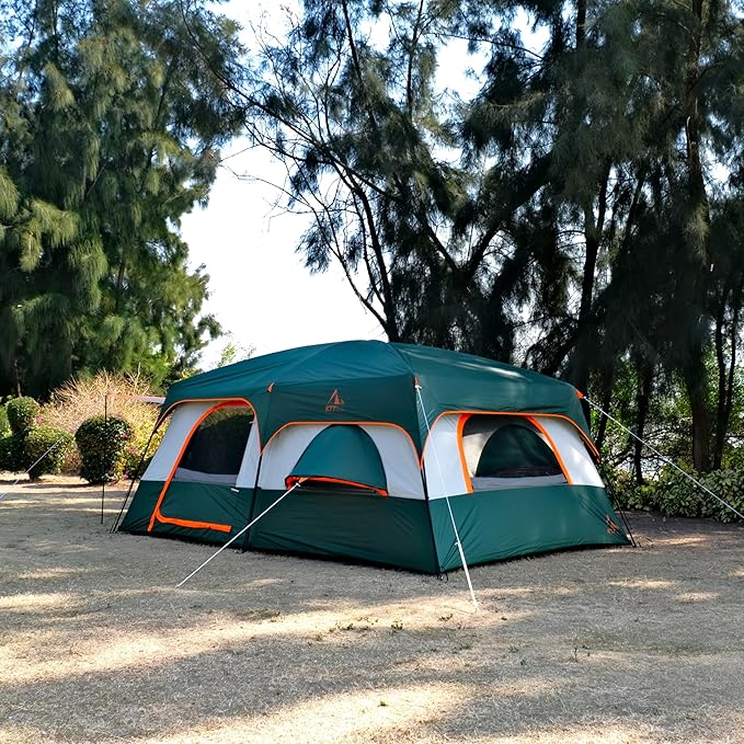 KTT Extra Large Tent 10-12-14 Person(A),Family Cabin Tents,2 Rooms,3 Doors and 3 Windows with Mesh,Straight Wall,Waterproof,Double Layer,Big Tent for Outdoor,Picnic,Camping,Family Gathering