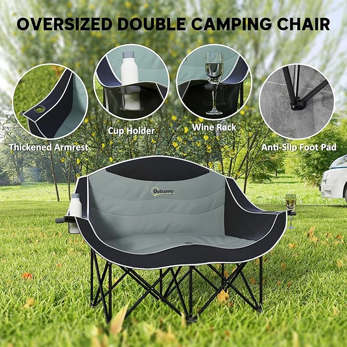 Outsunny Double Camping Chair for Adults, Padded Folding Camp Chair for 2 Person with Armrest, Wine Glass Holder, Cup Holder, Carry Bag for Outdoor Sports, Picnics, Supports up to 552 lbs.