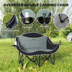 Outsunny Double Camping Chair for Adults, Padded Folding Camp Chair for 2 Person with Armrest, Wine Glass Holder, Cup Holder, Carry Bag for Outdoor Sports, Picnics, Supports up to 552 lbs.