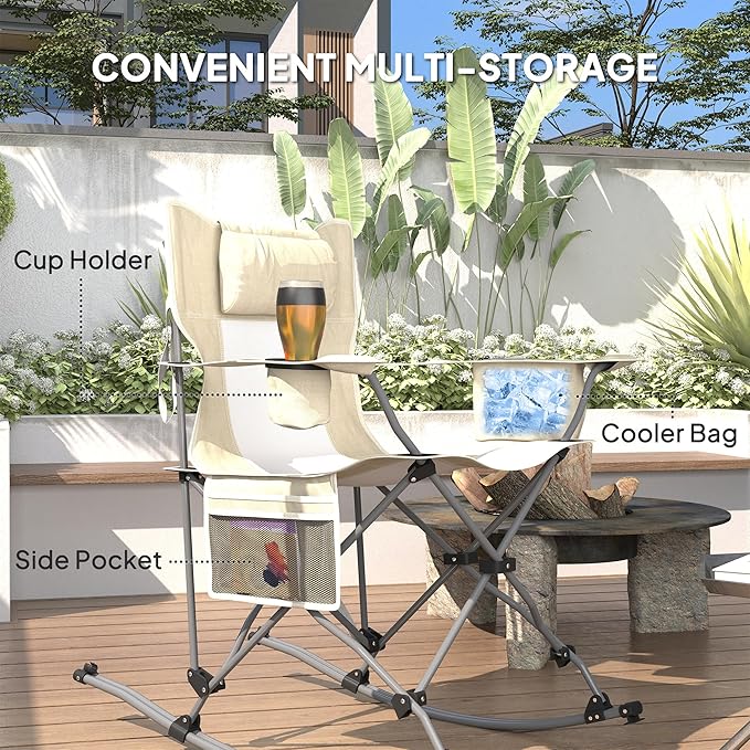 Outsunny Folding Rocking Camping Chairs for Adults, Portable Outdoor Rocking Chairs with Headrest, Cooler Bag, Cup Holder, Carry Bag for Picnic Outside and Outdoor Travel, 2 Pack, Cream
