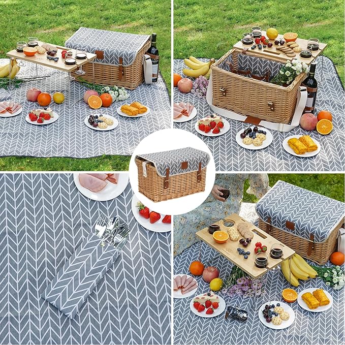 Luxury Picnic Basket, Wicker Picnic Basket Set for 4, Picnic Basket with Blanket & Portable Table for Camping and Outdoor Party - Gray