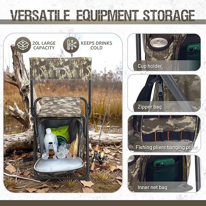 X Strike Fishing Chair with Cooler and Backrest, Folding Backpack Chair for Adults up to 350 lbs, Fishing Stools Portable for Outdoor, Camping, Hiking