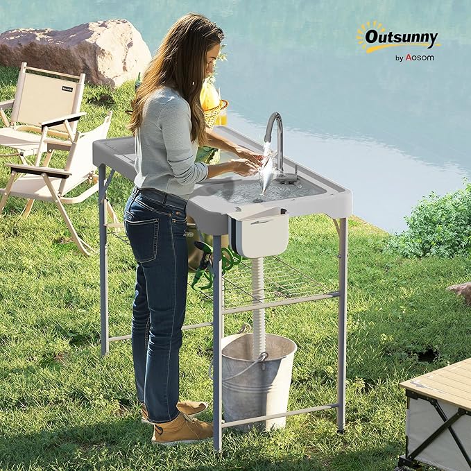 Outsunny Folding Fish Cleaning Table with Sinks, Portable Camping Sink Table, Gray